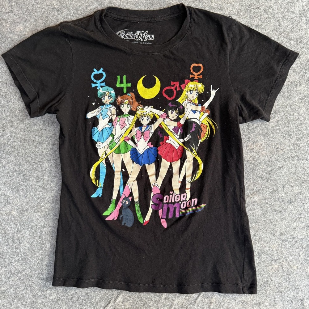 Sailor Moon Shirt Womens Small Black Graphic Anime Animation Tee‎ Crewneck HOLES